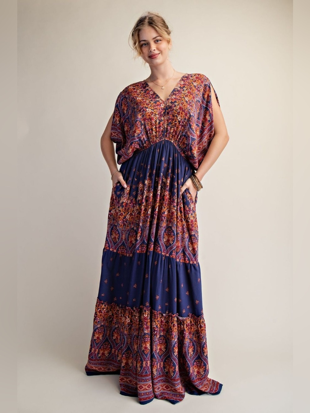 EA3 Easel Boho Floral Navy Maxi Dress with V-Neck